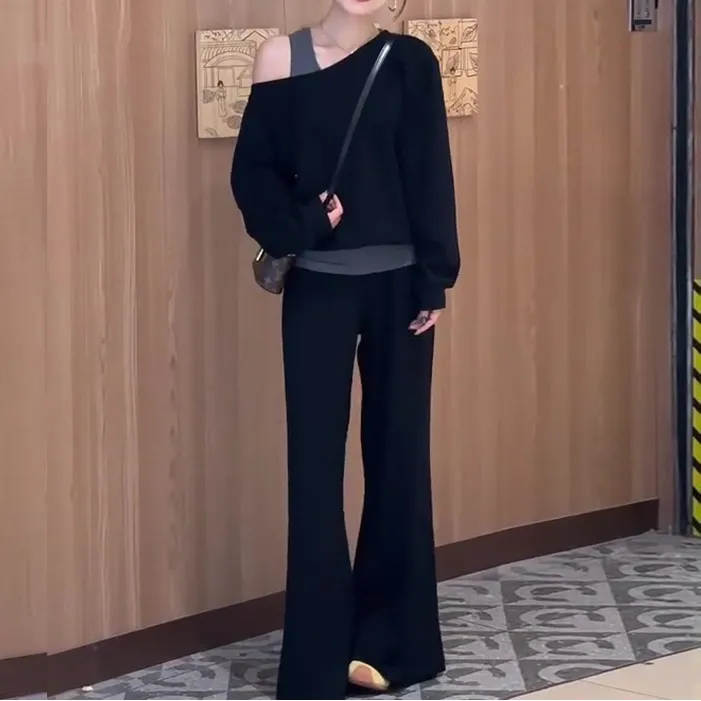 杨二迪特供DD03显嫩秋季假两件斜肩轻熟风卫衣套装