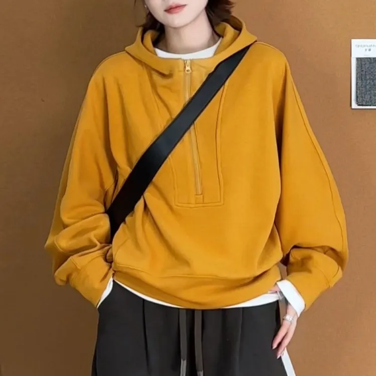 高级感连帽女士套头卫衣2025春秋季新款欧洲站半拉链上衣时尚洋气