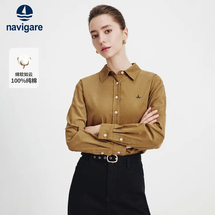 Navigare意大利小帆船纯棉灯芯绒长袖衬衫女士通勤风休闲衬衣外套