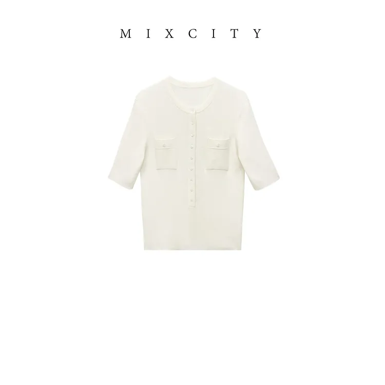 【MIXCITY亚楠家】短袖琉璃◆扬子纱精纺羊毛全坑条短袖针织衫9747