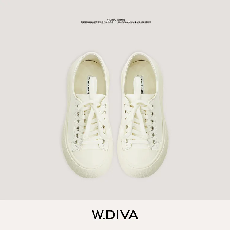 W.Diva【张弛】头层小牛皮水染羊皮品质系带饼干百搭鞋4J289193A