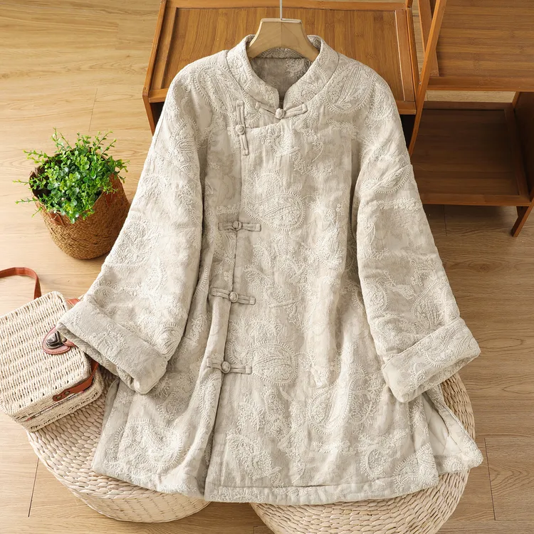 2025新款高级禅服佛系女装厚茶服冬装棉麻重工刺绣提花棉服