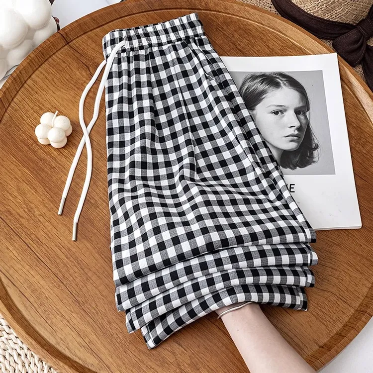 大码300斤格子阔腿裤女春夏2025新款高腰显瘦宽松垂感拖地休闲裤