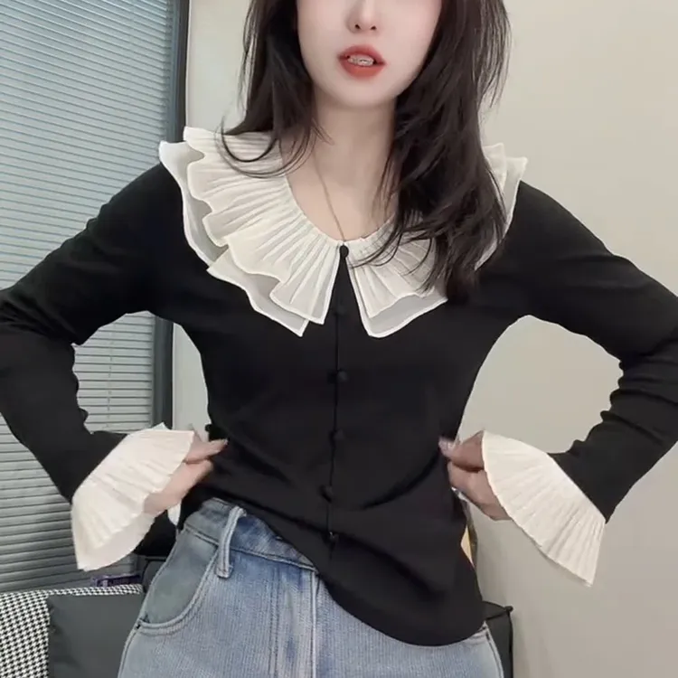 欧洲站2025冬季新款拼接荷叶领t恤女时尚洋气百搭长袖喇叭袖上衣