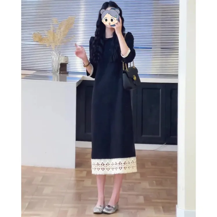 法式减龄黑色圆领连衣裙女2025秋季新款大码胖mm时尚洋气减龄长裙