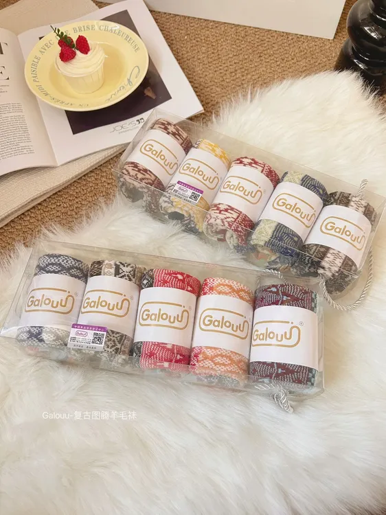 【专柜正品】Galouu男女同款图腾羊毛袜5双礼盒装