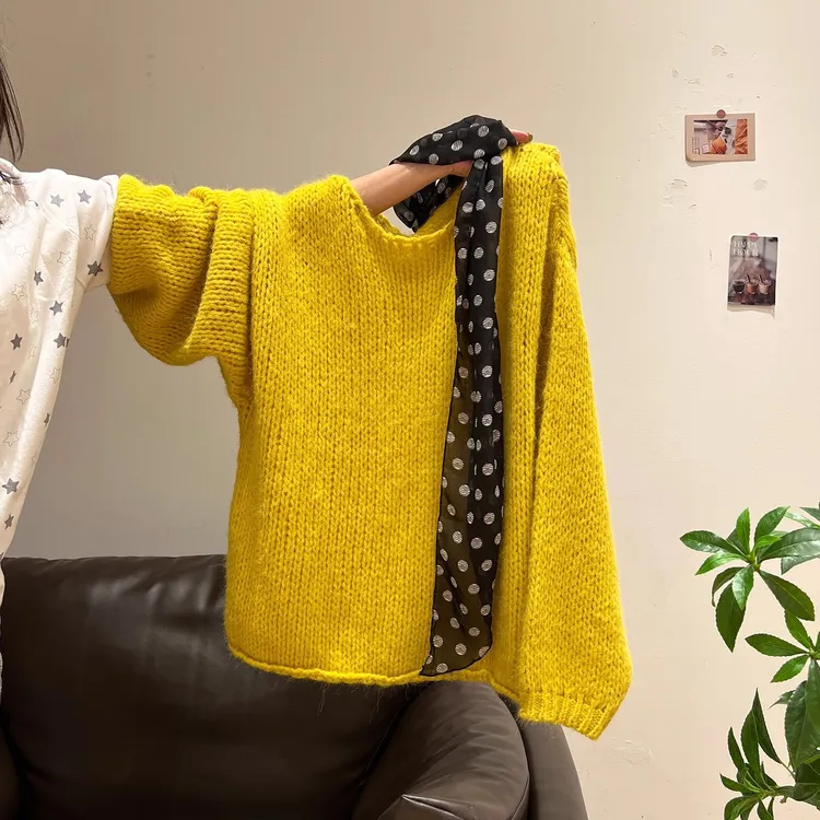 韩版慵懒风针织毛衣黄色长袖女2025秋新款穿搭打底衫宽松外套上衣