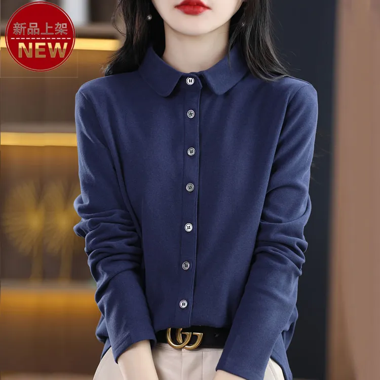 哥弟阿玛施正品纯色POLO领气质德绒优雅长袖休闲拼接轻熟风上衣女