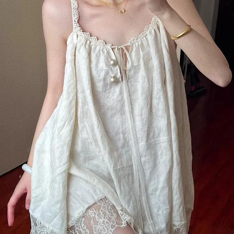 韩版小香风蕾丝花边拼接吊带睡衣女夏季2025新款家居服睡裙中长款