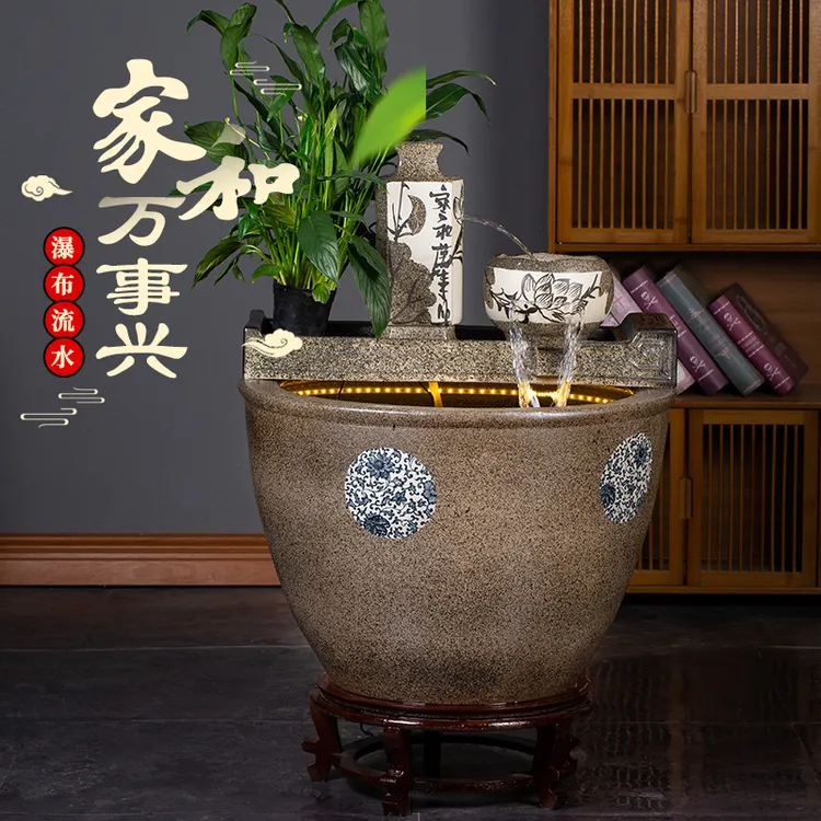 缠枝莲流水摆件大缸落地景德镇鱼缸陶瓷摆件客厅办公室陶瓷鱼缸