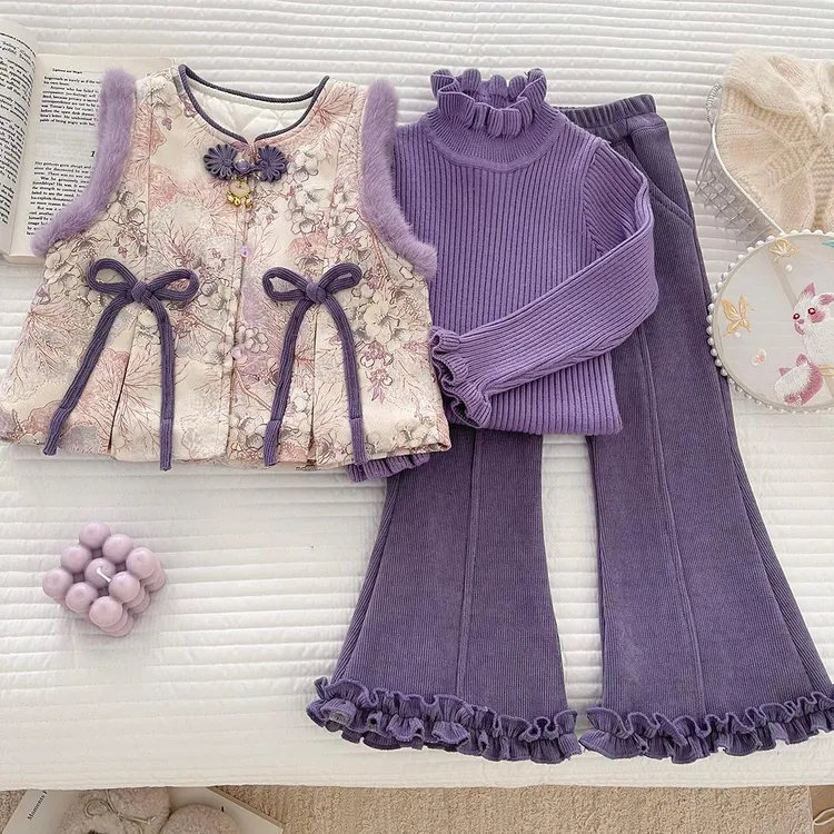 范哲萨女童新中式冬季新洋气国风上衣加绒加厚马甲毛衣微喇裤三件