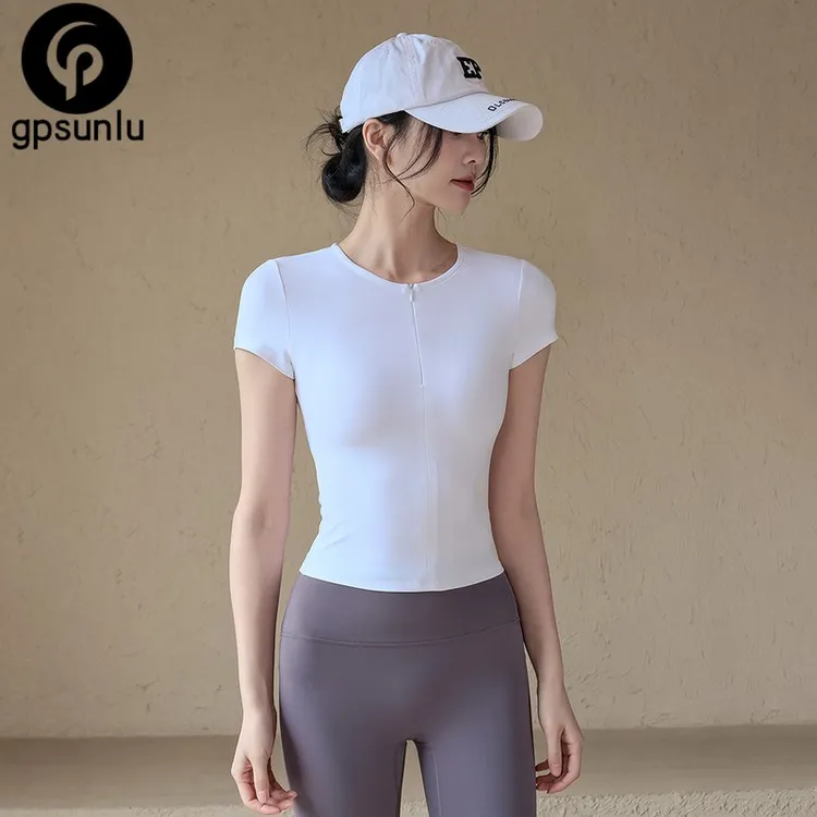 GPSUNLU瑜伽服女夏季半拉链运动上衣裸感短袖T恤外穿跑步专业训练