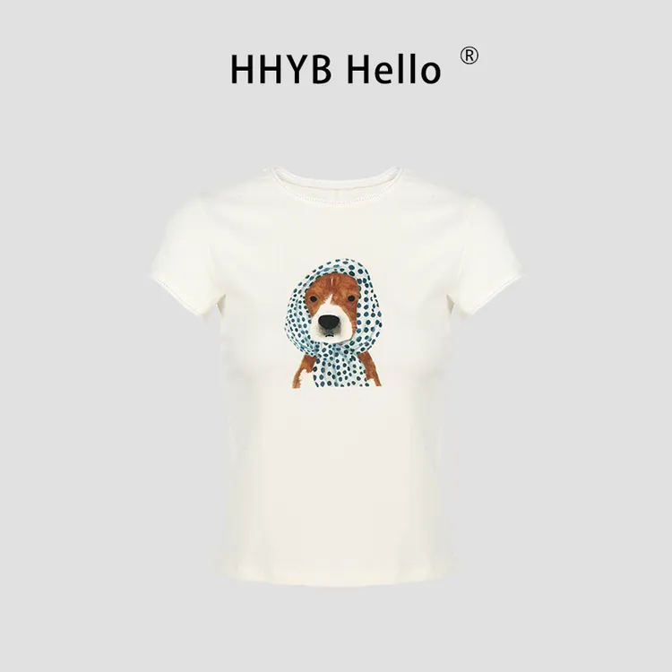 HHYB Hello小狗印花灰色花边正肩短袖t恤女夏2025新款上衣250451