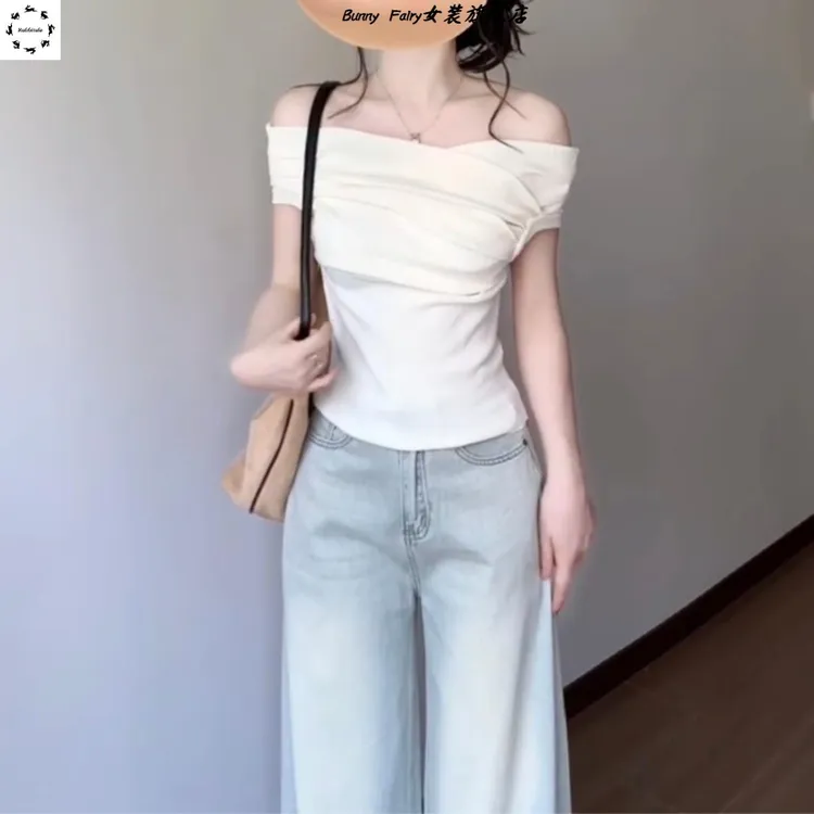 纯欲风褶皱一字肩短袖T恤女夏季设计感独特漂亮气质修身露肩上衣