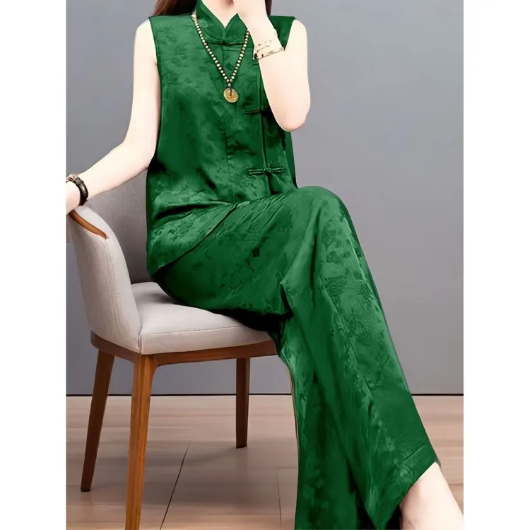 2025夏季新款阔腿裤气质女装中国风新中式绿色马甲背心长裤套装