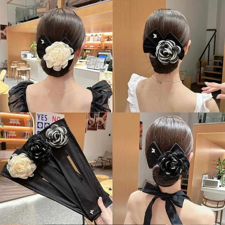 布艺网纱大花朵扭扭盘发器懒人盘发神器山茶花丸子头蝴蝶结发饰女