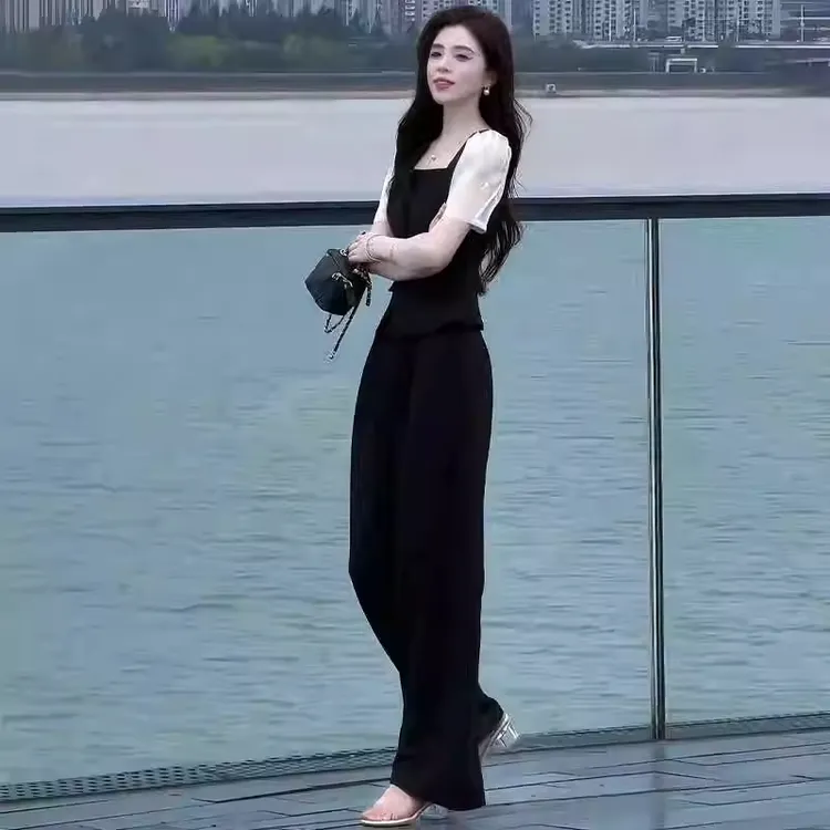 拉夏贝尔时尚套装女2025夏季新款洋气质职业装显瘦显高方领两件套