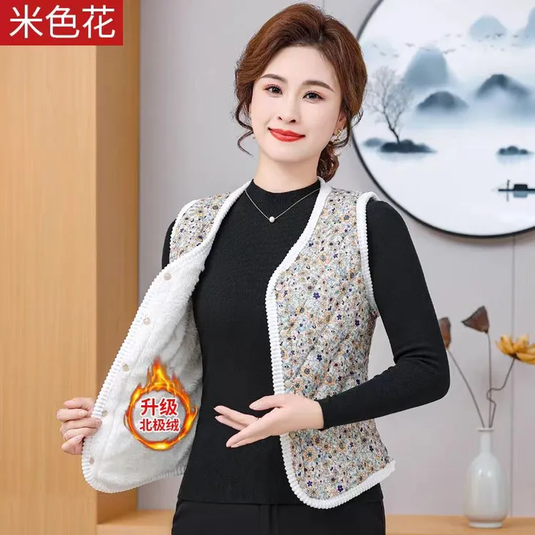 秋冬新款加绒加厚V领碎花修身保暖花马甲中老年外穿时尚妈妈坎肩