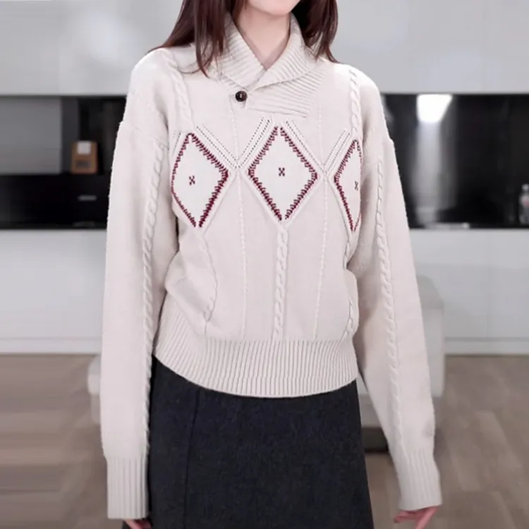 2025冬季新款设计感菱形格针织衫女韩系宽松慵懒感简约长袖上衣潮