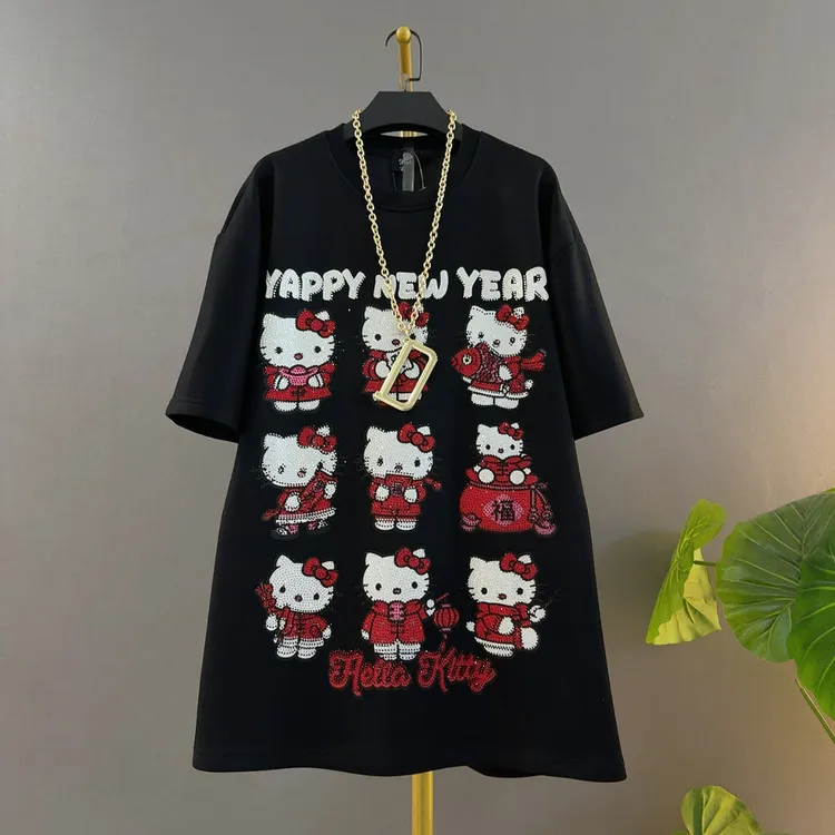 短袖猫卡通动漫宽松型女常规T恤时尚白茶半袖设计师九宫格胖妹妹