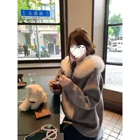 大毛领针织外套女秋冬小个子修身休闲韩系长袖连帽毛衣 81235