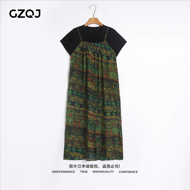 老琴私服【蕉窗夜雨】 欧若风时尚圆领短袖碎花连衣裙女夏 95164