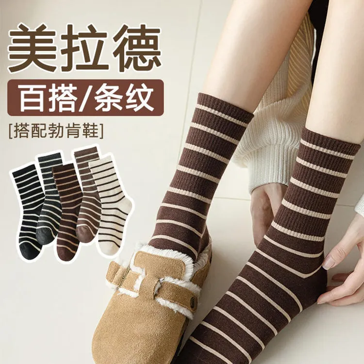 女士黑白条纹潮袜时尚简约ins潮百搭运动韩版学院风日系中筒袜子