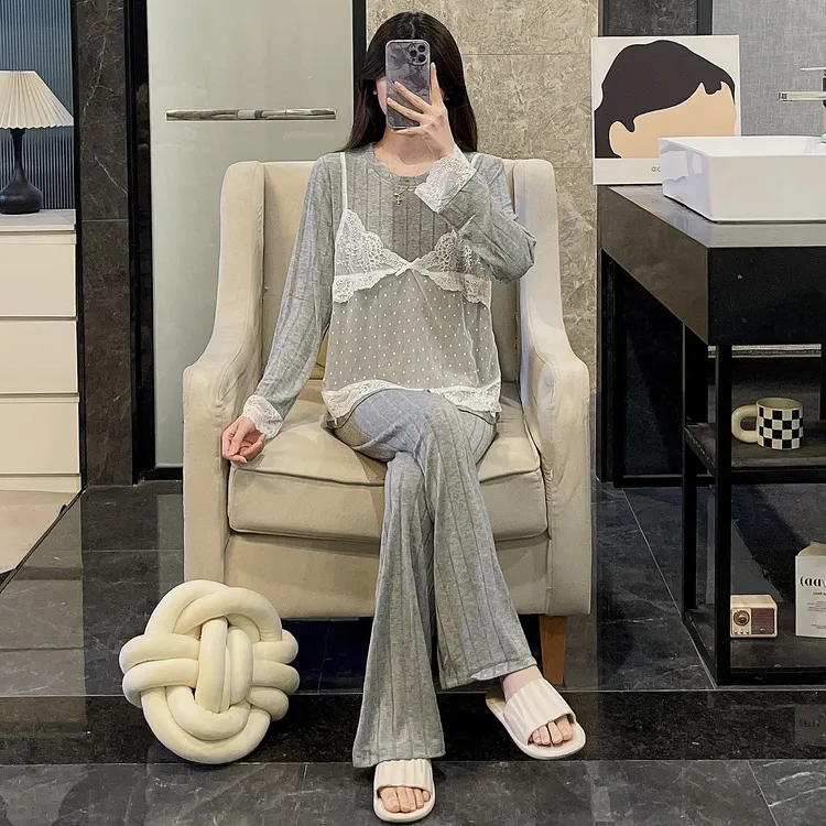 2025年春秋季新款羊绒加厚保暖睡衣女生可外穿灰色秋冬家居服套装