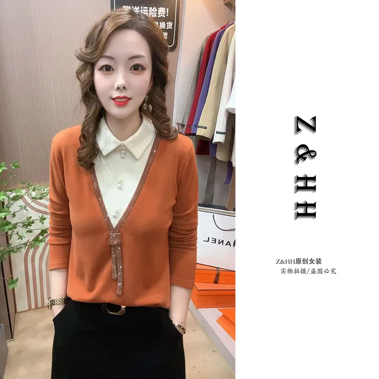 重工烫钻双面奥绒撞色假两件长袖衬衫女秋季2025新款洋气减龄小衫