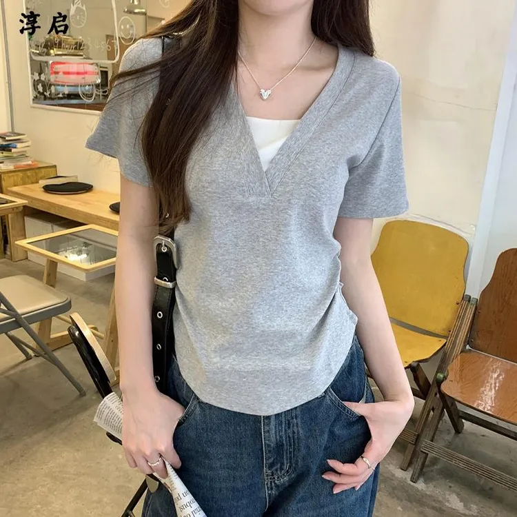 淳启时尚复古酷辣撞色假两件正肩短袖恤女夏褶皱收腰不规则短上衣