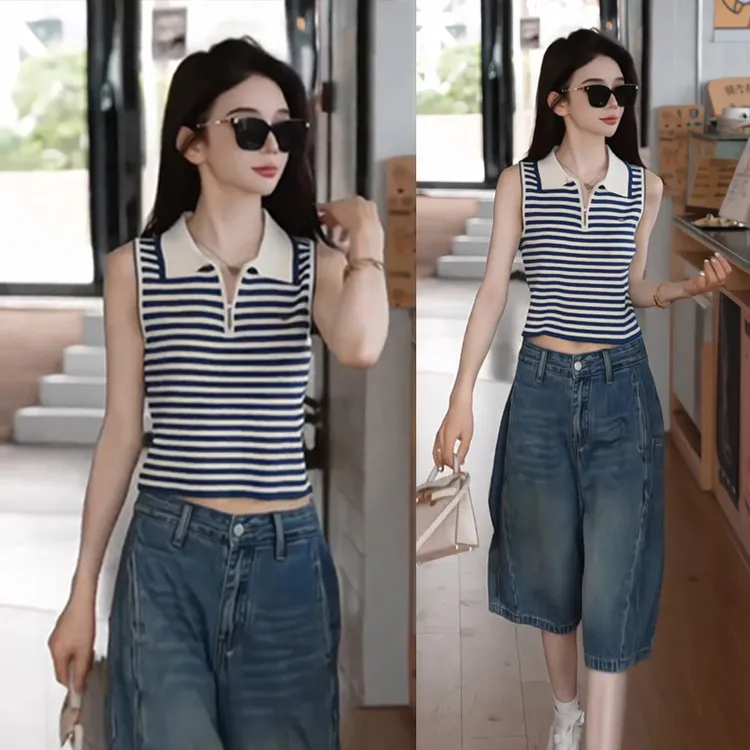 夏季新款一整套气质时尚修身显瘦针织背心上衣休闲高腰牛仔短裤潮
