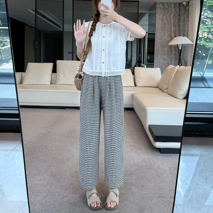 桃子西小个子薄款高腰女灰格阔腿裤休闲松紧复古宽松百搭垂感