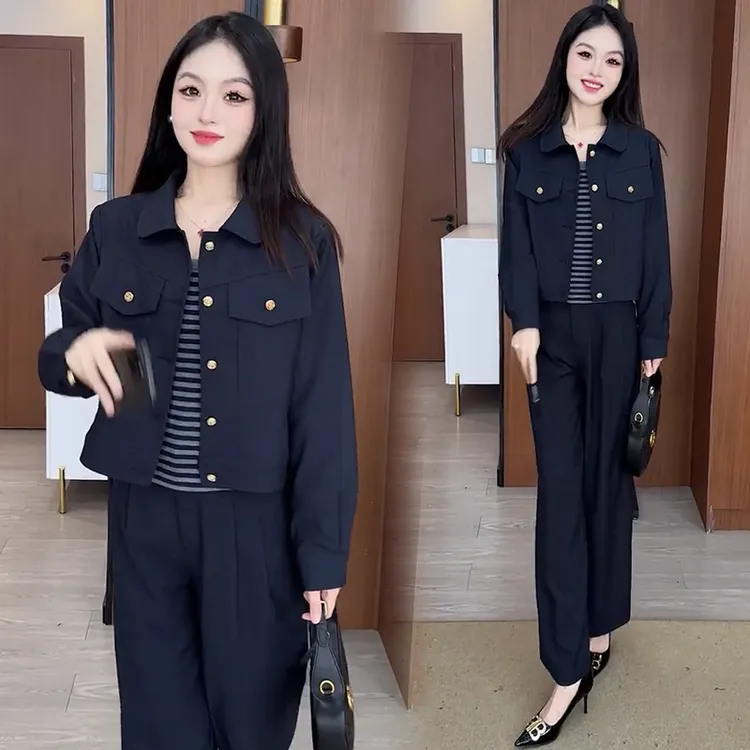 时尚牛仔套装女2025秋季新款洋气减龄显瘦短款外套阔腿裤三件套潮