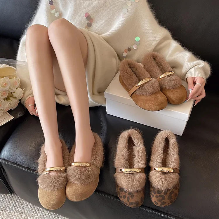 新款包后跟毛毛单鞋百搭软底罗马元素纯色保暖百搭风平底冬季