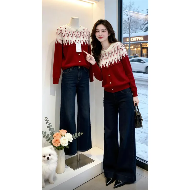 软糯亲肤修身针织衫女2026冬季新款复古撞色设计感温柔风长袖毛衣