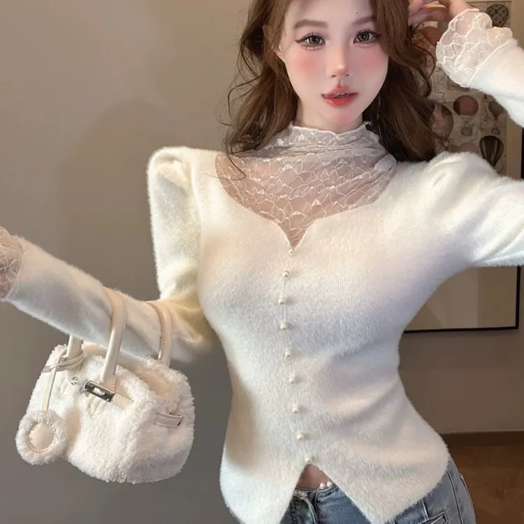 法式修身纯欲毛衣女蕾丝假两件内搭针织打底衫上衣