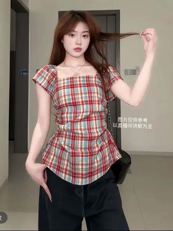 桃亦家·大码胖mm纯欲风格纹衬衫女2025夏季新款收腰显瘦甜妹上衣