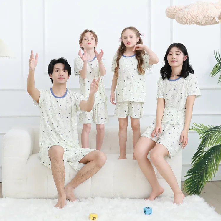 儿童冰丝家居服睡衣男童女童夏季短袖短裤薄款中大童亲子装空调服