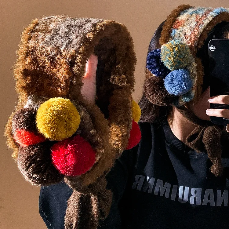 美拉德复古彩色绑带毛绒耳罩女冬季骑行保暖防寒防冻护耳套耳捂子