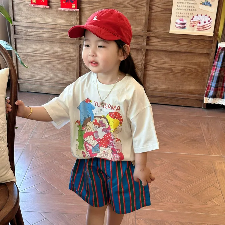 壹妈韩系儿童潮牌套2025夏季新款童装小女孩卡通短袖条纹短裤套装