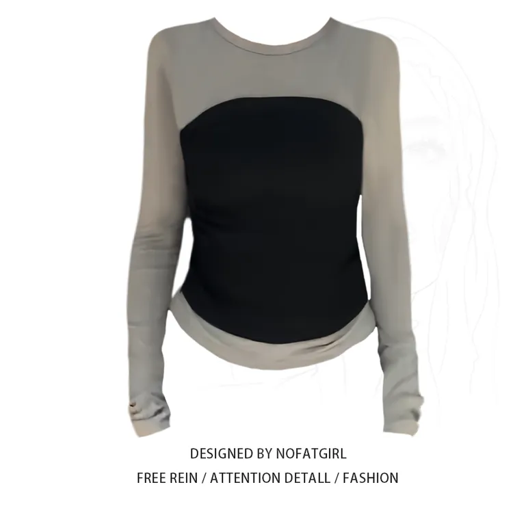 微胖大码胖MM设计感撞色长袖T恤女春秋修身显瘦韩系假两件上衣ins