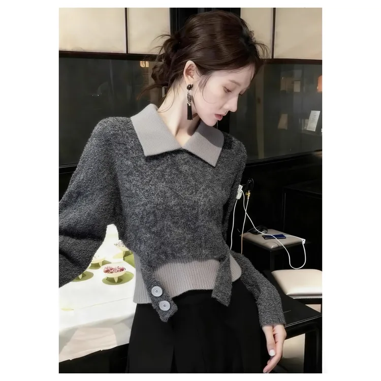 毛衣女款2025新款秋冬巨好看绝美气质高端假两件灰色翻领针织上衣