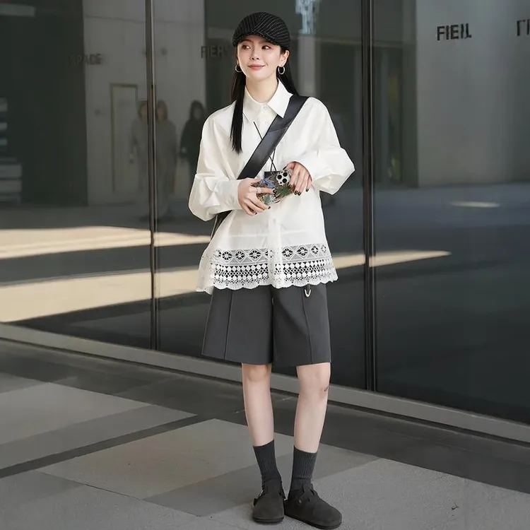 夏季套装高级感慵懒宽松防晒长袖衬衫百搭薄款休闲西装短裤两件套