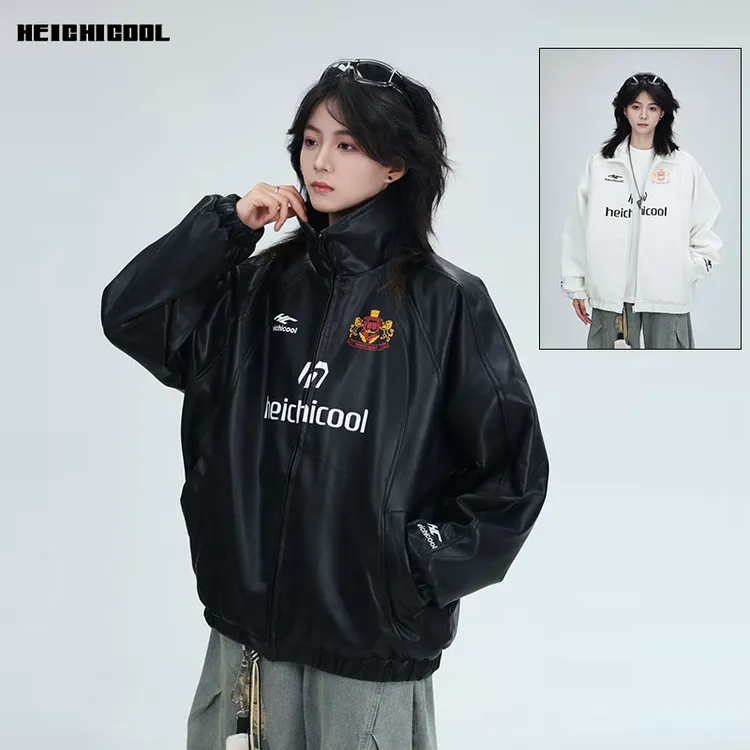 heichiage美式高街PU皮衣机车服男女设计感小众宽松潮牌夹克外套
