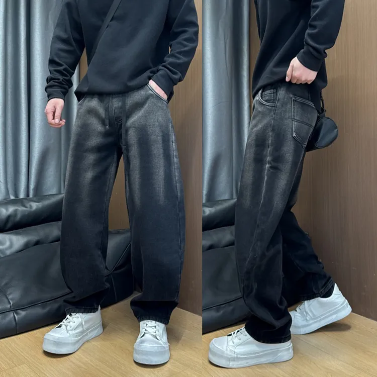 冬季加绒美式复古渐变撞色水洗宽松牛仔裤潮流痞帅百搭直筒阔腿裤