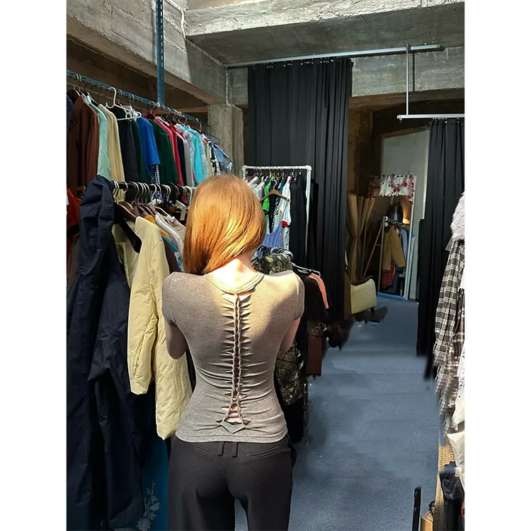 YIDENG 夏季新款后背独特镂空设计正肩短袖T恤女收腰显瘦上衣