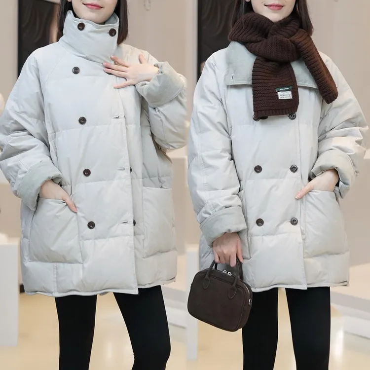 时尚百搭加厚保暖棉衣外套2025冬季新款宽松显瘦双排扣立领棉服女