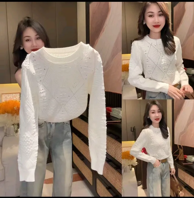 高品质秋冬显瘦小香风长袖针织提花缕空打底衫宽松时尚气质百搭