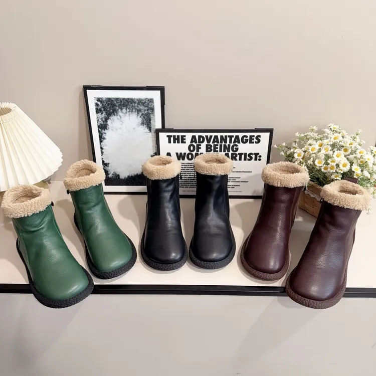 8839-25保暖加厚短靴女2025冬季新款复古真皮圆头百搭舒适女靴