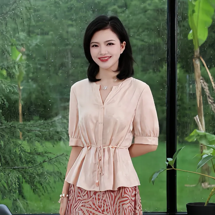枫竺阿楠anan 莱赛尔圆V领提花七分袖收腰系带小衫女夏季新款衬衣